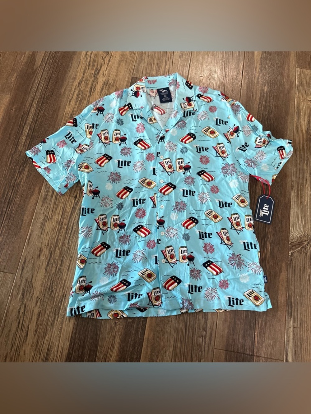 Miller Lite beer Hawaiian button up rayon shirt Mens M BBQ patriotic beach NEW